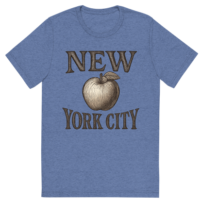 Front view of a Premium Tri-Blend Crew Neck T-Shirt in Blue showing 'A typographic, nostalgic graphic of a typographic illustration of the words 'new york city' with a vintage line art drawing of an apple'