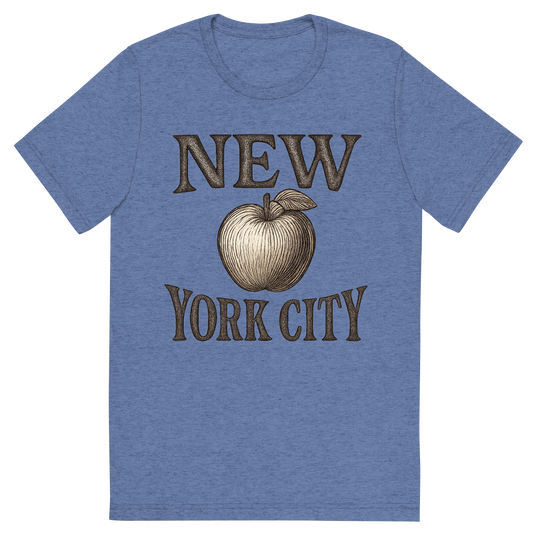 Front view of a Premium Tri-Blend Crew Neck T-Shirt in Blue showing 'A typographic, nostalgic graphic of a typographic illustration of the words 'new york city' with a vintage line art drawing of an apple'