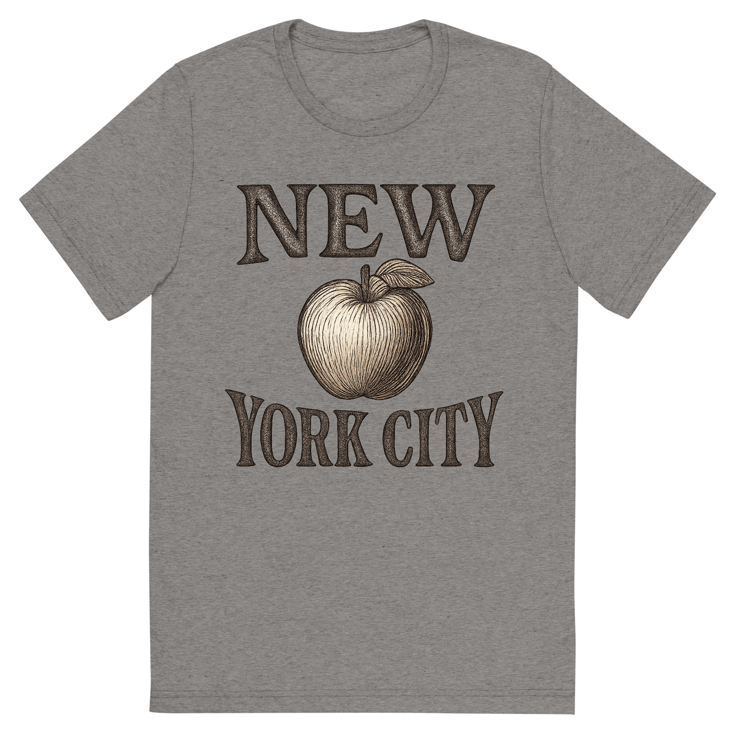 Front view of a Premium Tri-Blend Crew Neck T-Shirt in Grey showing 'A typographic, nostalgic graphic of a typographic illustration of the words 'new york city' with a vintage line art drawing of an apple'