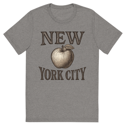 Front view of a Premium Tri-Blend Crew Neck T-Shirt in Grey showing 'A typographic, nostalgic graphic of a typographic illustration of the words 'new york city' with a vintage line art drawing of an apple'
