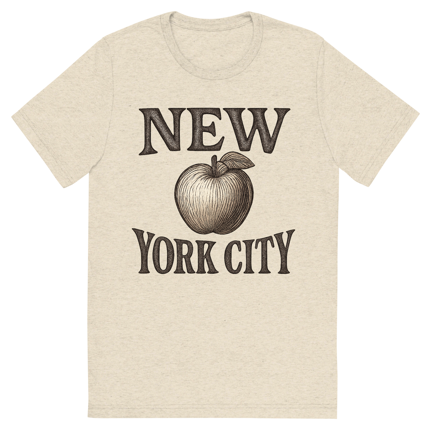 Front view of a Premium Tri-Blend Crew Neck T-Shirt in Oatmeal showing 'A typographic, nostalgic graphic of a typographic illustration of the words 'new york city' with a vintage line art drawing of an apple'