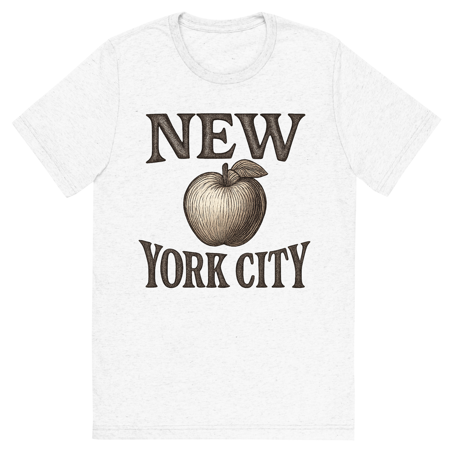 Front view of a Premium Tri-Blend Crew Neck T-Shirt in Solid White showing 'A typographic, nostalgic graphic of a typographic illustration of the words 'new york city' with a vintage line art drawing of an apple'