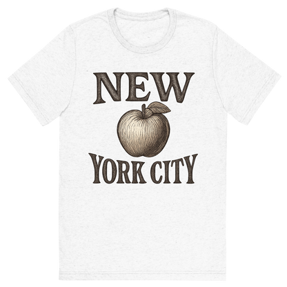 Front view of a Premium Tri-Blend Crew Neck T-Shirt in Solid White showing 'A typographic, nostalgic graphic of a typographic illustration of the words 'new york city' with a vintage line art drawing of an apple'