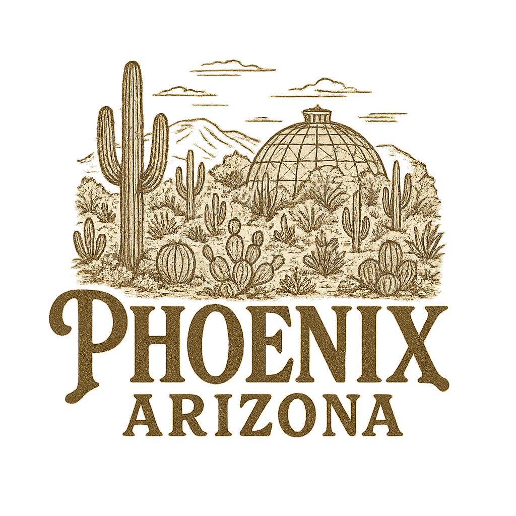 A typographic, nostalgic graphic of a typographic illustration of the words 'phoenix, arizona' with a vintage line art drawing of the desert botanical garden – a t-shirt design