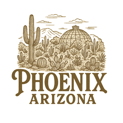 A typographic, nostalgic graphic of a typographic illustration of the words 'phoenix, arizona' with a vintage line art drawing of the desert botanical garden – a t-shirt design