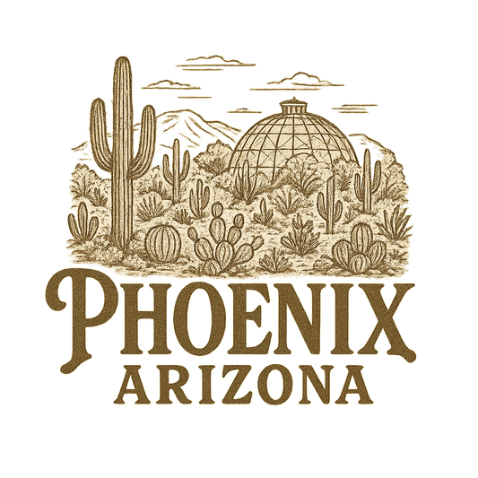 A typographic, nostalgic graphic of a typographic illustration of the words 'phoenix, arizona' with a vintage line art drawing of the desert botanical garden – a t-shirt design