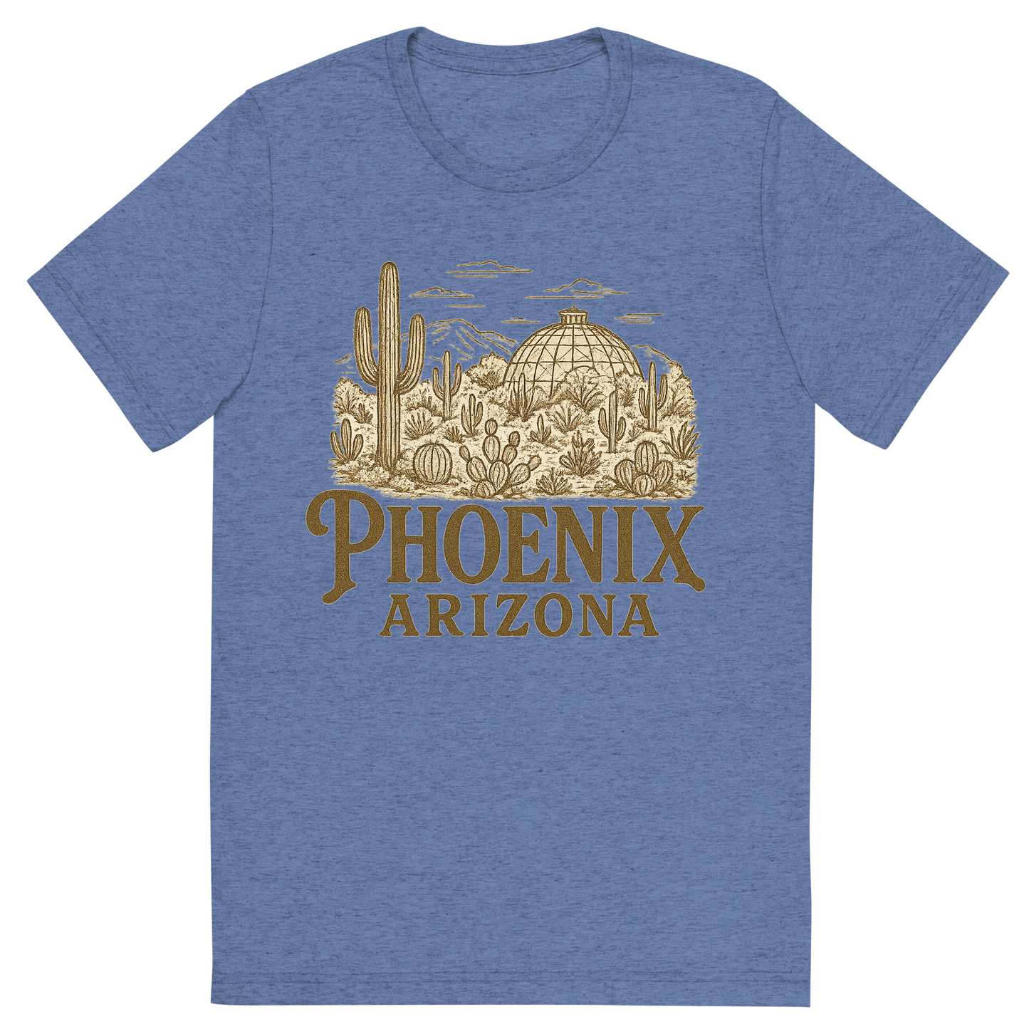 Front view of a Premium Tri-Blend Crew Neck T-Shirt in Blue showing 'A typographic, nostalgic graphic of a typographic illustration of the words 'phoenix, arizona' with a vintage line art drawing of the desert botanical garden'