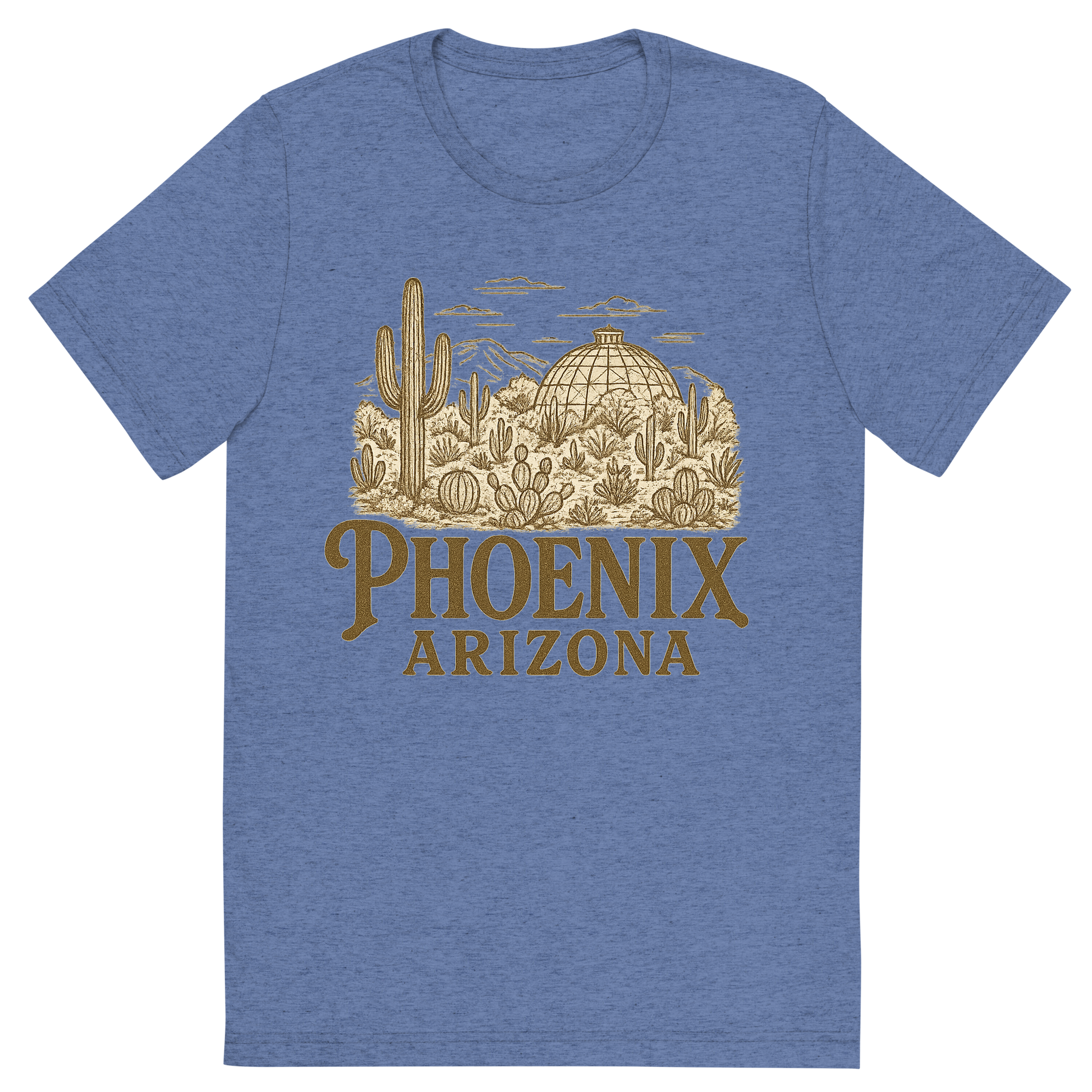 Front view of a Premium Tri-Blend Crew Neck T-Shirt in Blue showing 'A typographic, nostalgic graphic of a typographic illustration of the words 'phoenix, arizona' with a vintage line art drawing of the desert botanical garden'