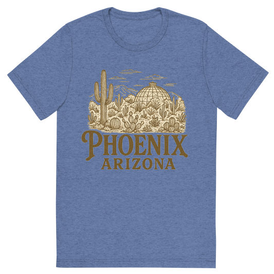 Front view of a Premium Tri-Blend Crew Neck T-Shirt in Blue showing 'A typographic, nostalgic graphic of a typographic illustration of the words 'phoenix, arizona' with a vintage line art drawing of the desert botanical garden'