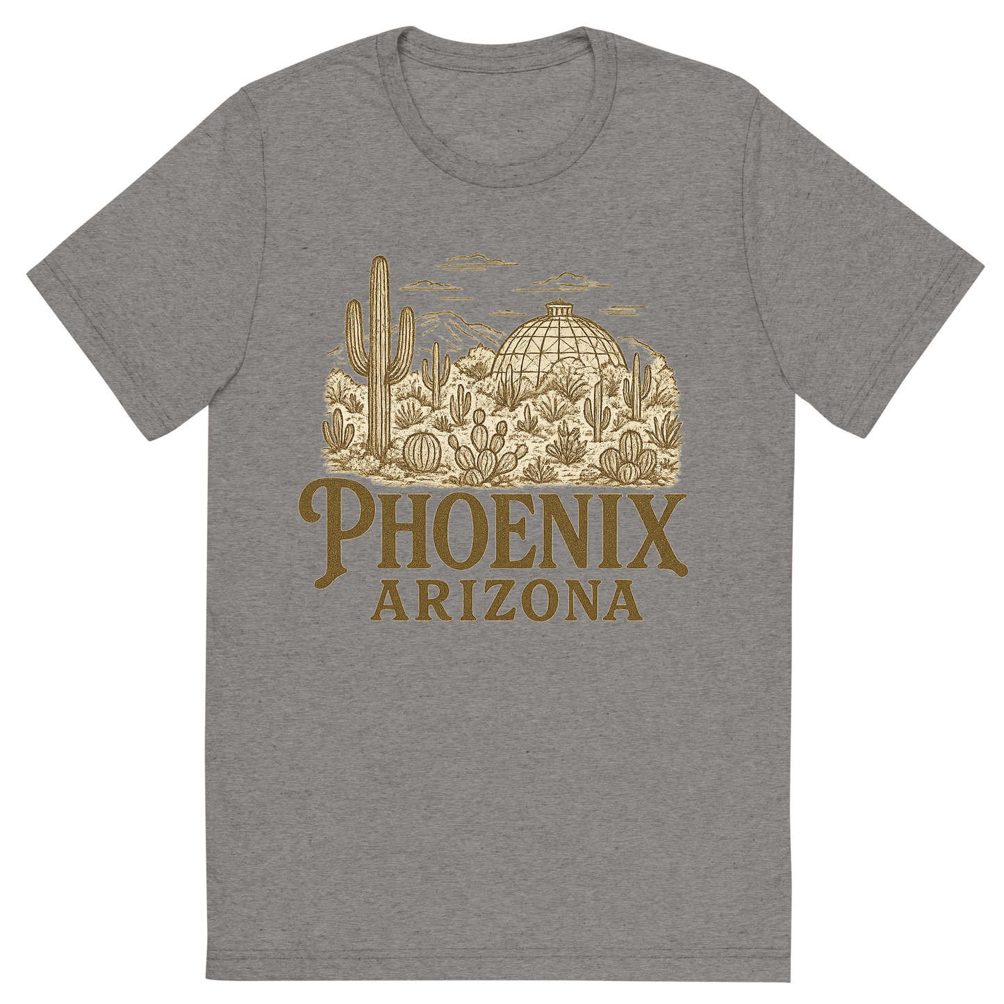Front view of a Premium Tri-Blend Crew Neck T-Shirt in Grey showing 'A typographic, nostalgic graphic of a typographic illustration of the words 'phoenix, arizona' with a vintage line art drawing of the desert botanical garden'