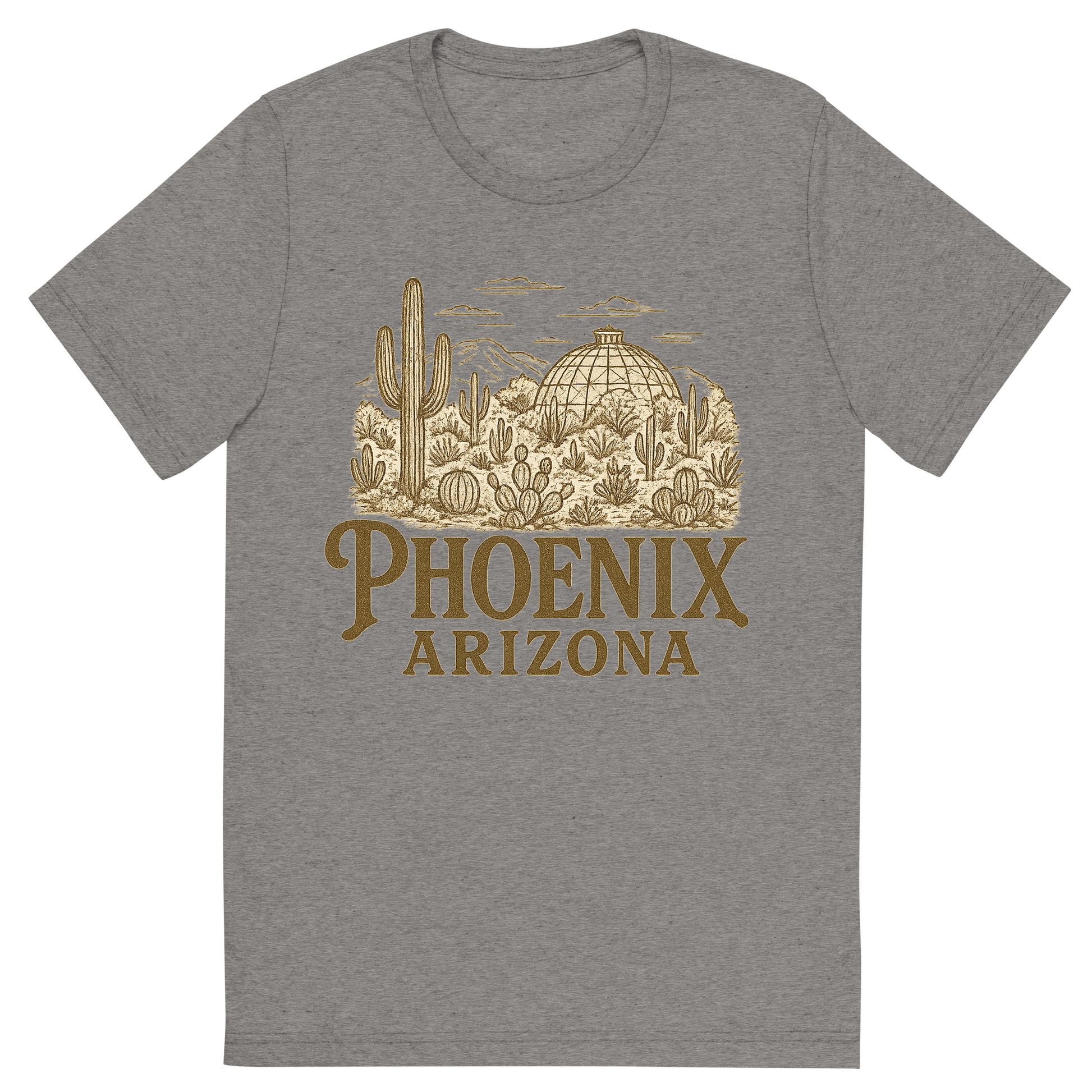 Front view of a Premium Tri-Blend Crew Neck T-Shirt in Grey showing 'A typographic, nostalgic graphic of a typographic illustration of the words 'phoenix, arizona' with a vintage line art drawing of the desert botanical garden'