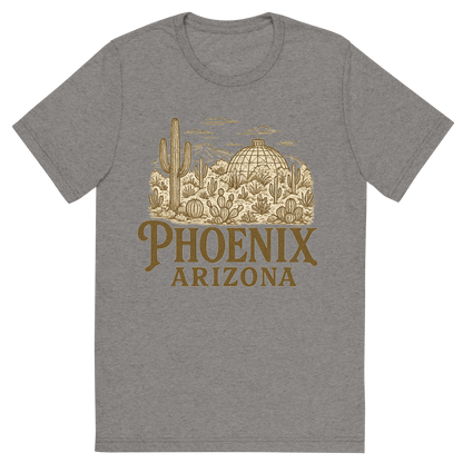 Front view of a Premium Tri-Blend Crew Neck T-Shirt in Grey showing 'A typographic, nostalgic graphic of a typographic illustration of the words 'phoenix, arizona' with a vintage line art drawing of the desert botanical garden'
