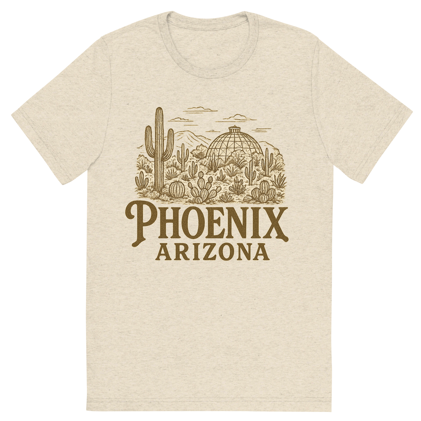 Front view of a Premium Tri-Blend Crew Neck T-Shirt in Oatmeal showing 'A typographic, nostalgic graphic of a typographic illustration of the words 'phoenix, arizona' with a vintage line art drawing of the desert botanical garden'