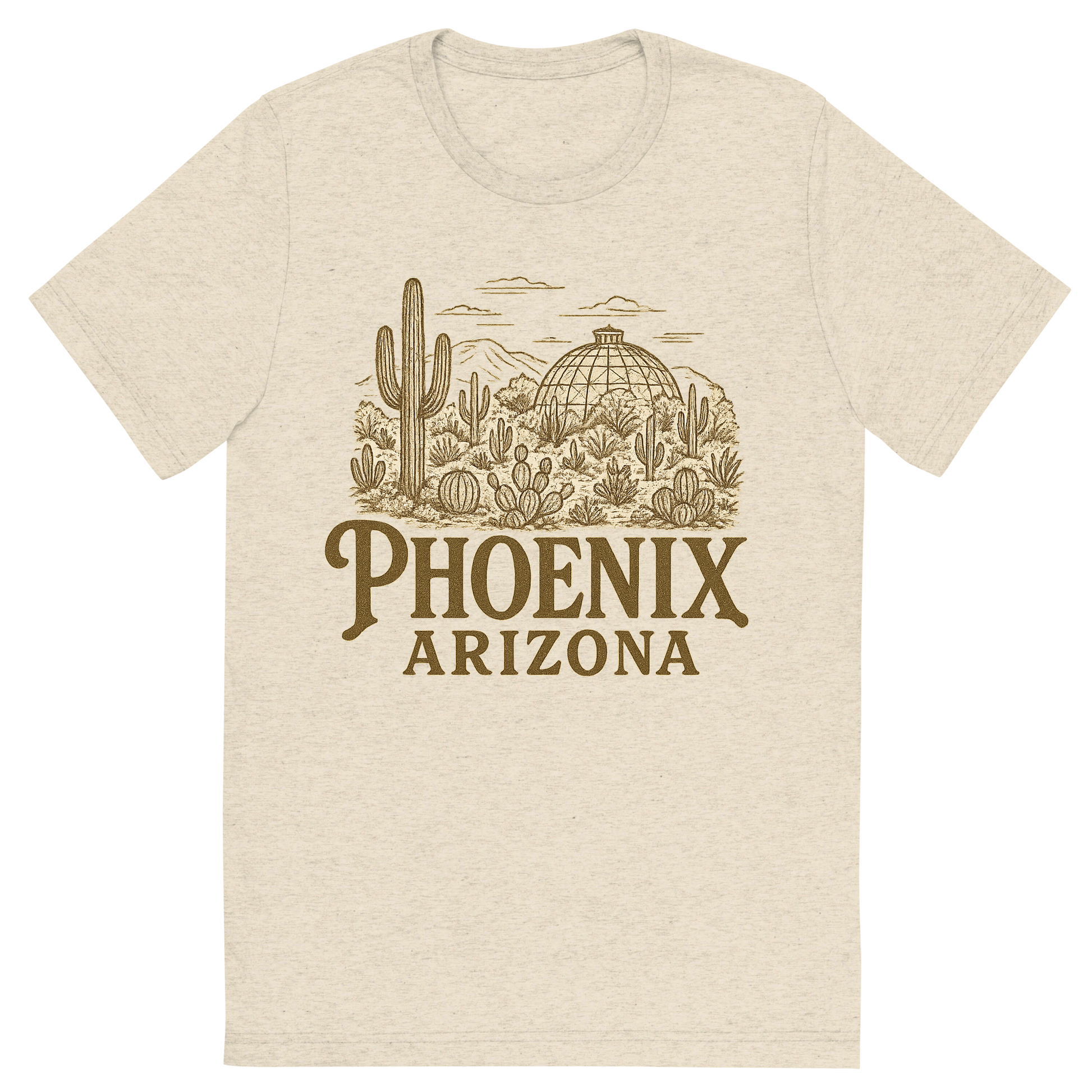 Front view of a Premium Tri-Blend Crew Neck T-Shirt in Oatmeal showing 'A typographic, nostalgic graphic of a typographic illustration of the words 'phoenix, arizona' with a vintage line art drawing of the desert botanical garden'