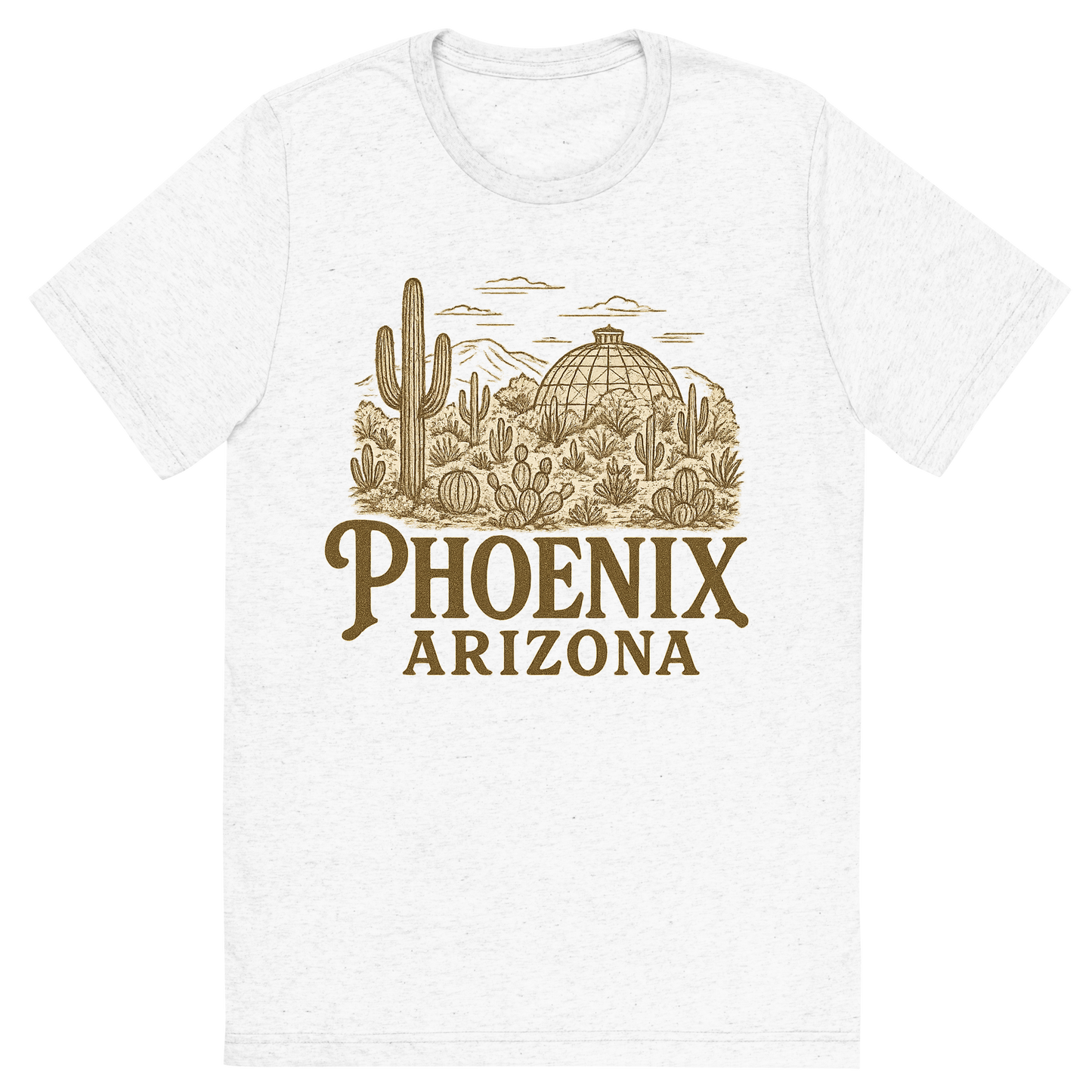 Front view of a Premium Tri-Blend Crew Neck T-Shirt in Solid White showing 'A typographic, nostalgic graphic of a typographic illustration of the words 'phoenix, arizona' with a vintage line art drawing of the desert botanical garden'