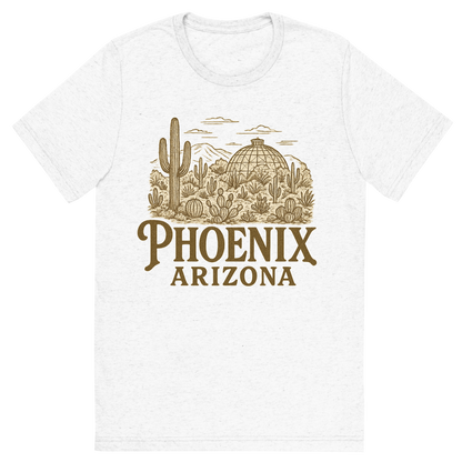 Front view of a Premium Tri-Blend Crew Neck T-Shirt in Solid White showing 'A typographic, nostalgic graphic of a typographic illustration of the words 'phoenix, arizona' with a vintage line art drawing of the desert botanical garden'