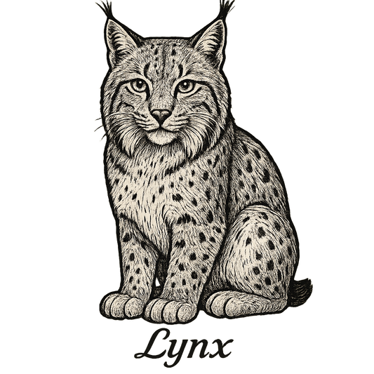 A flat, neutral graphic of a stylized drawing of a lynx with tufted ears and compact frame. “lynx” is written below in script. detailed ink illustration on a white background. - a t-shirt design