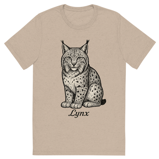 Front view of a Premium Tri-Blend Crew Neck T-Shirt in Tan showing 'A flat, neutral graphic of a stylized drawing of a lynx with tufted ears and compact frame. “lynx” is written below in script. detailed ink illustration on a white background.'