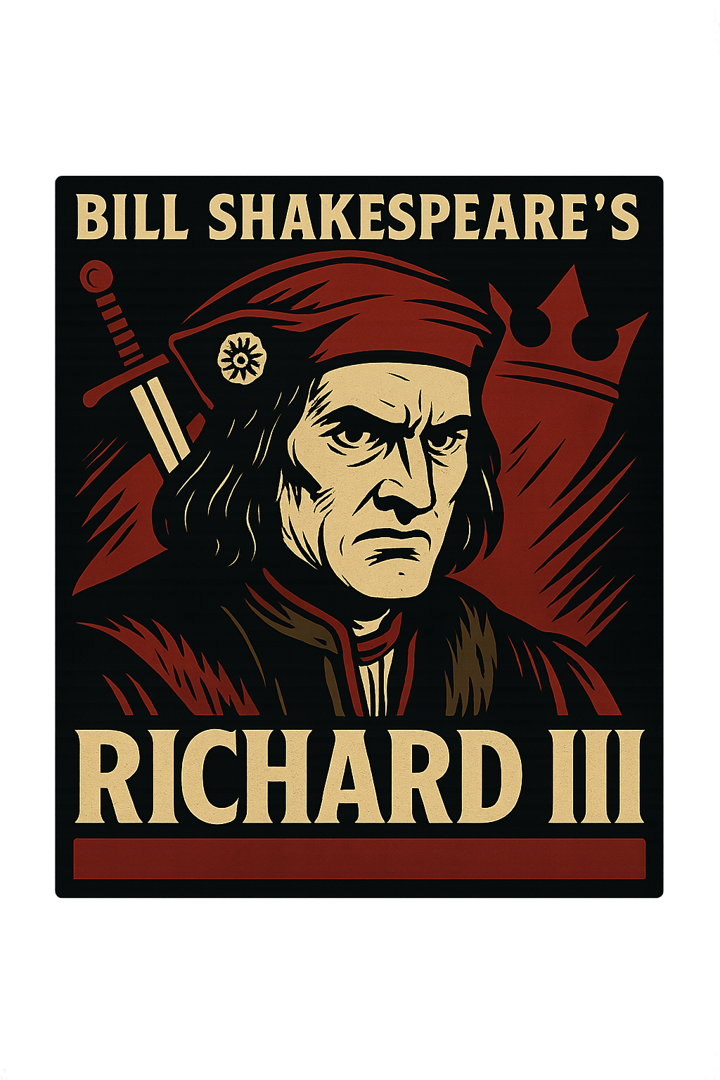 A retro, edgy graphic of a visual representation of a key theme and character from william shakespeare's richard iii – a t-shirt design