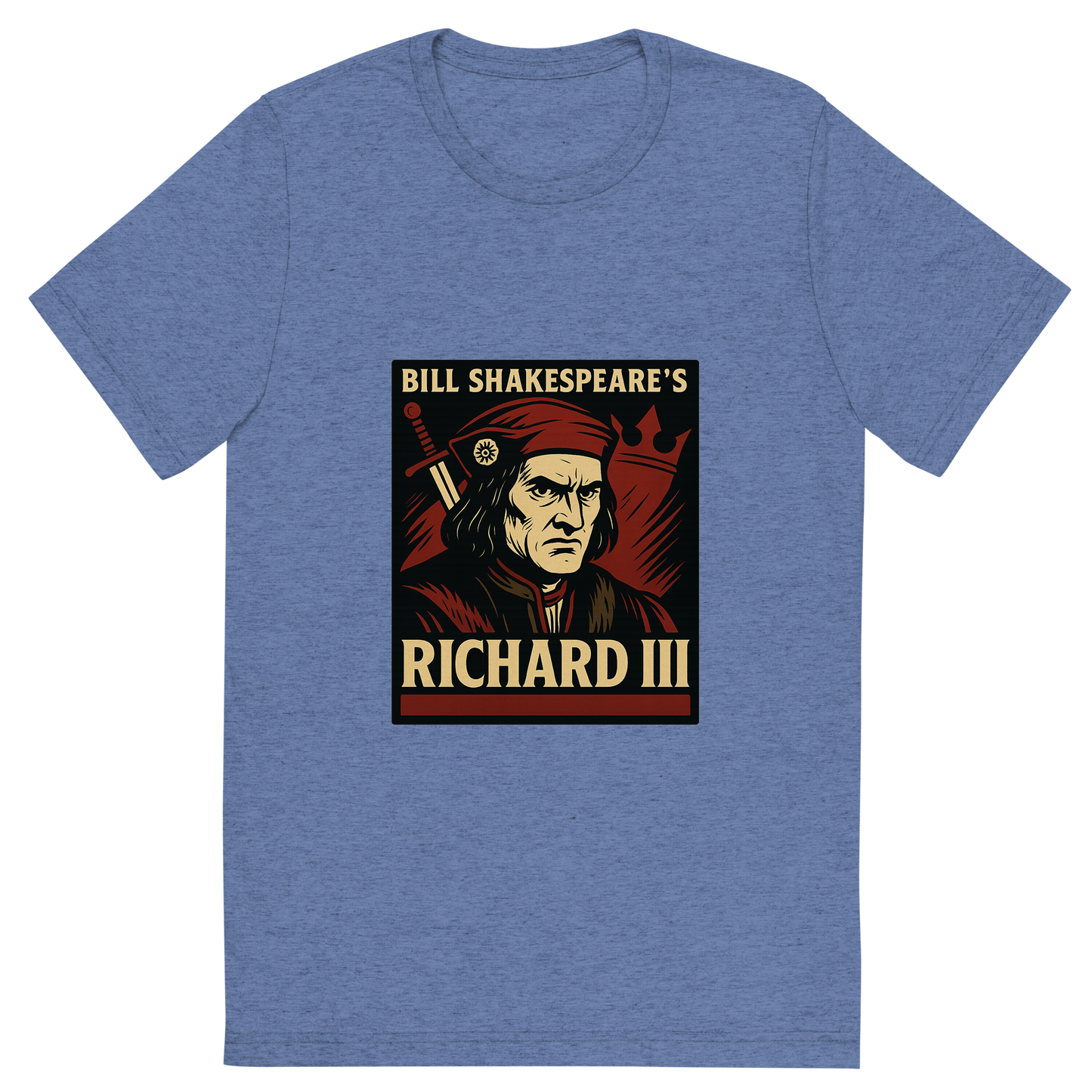 Front view of a Premium Tri-Blend Crew Neck T-Shirt in Blue showing 'A retro, edgy graphic of a visual representation of a key theme and character from william shakespeare's richard iii'