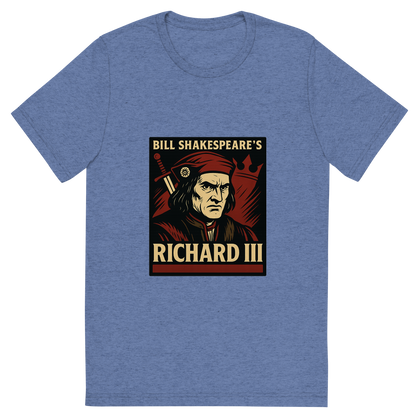 Front view of a Premium Tri-Blend Crew Neck T-Shirt in Blue showing 'A retro, edgy graphic of a visual representation of a key theme and character from william shakespeare's richard iii'
