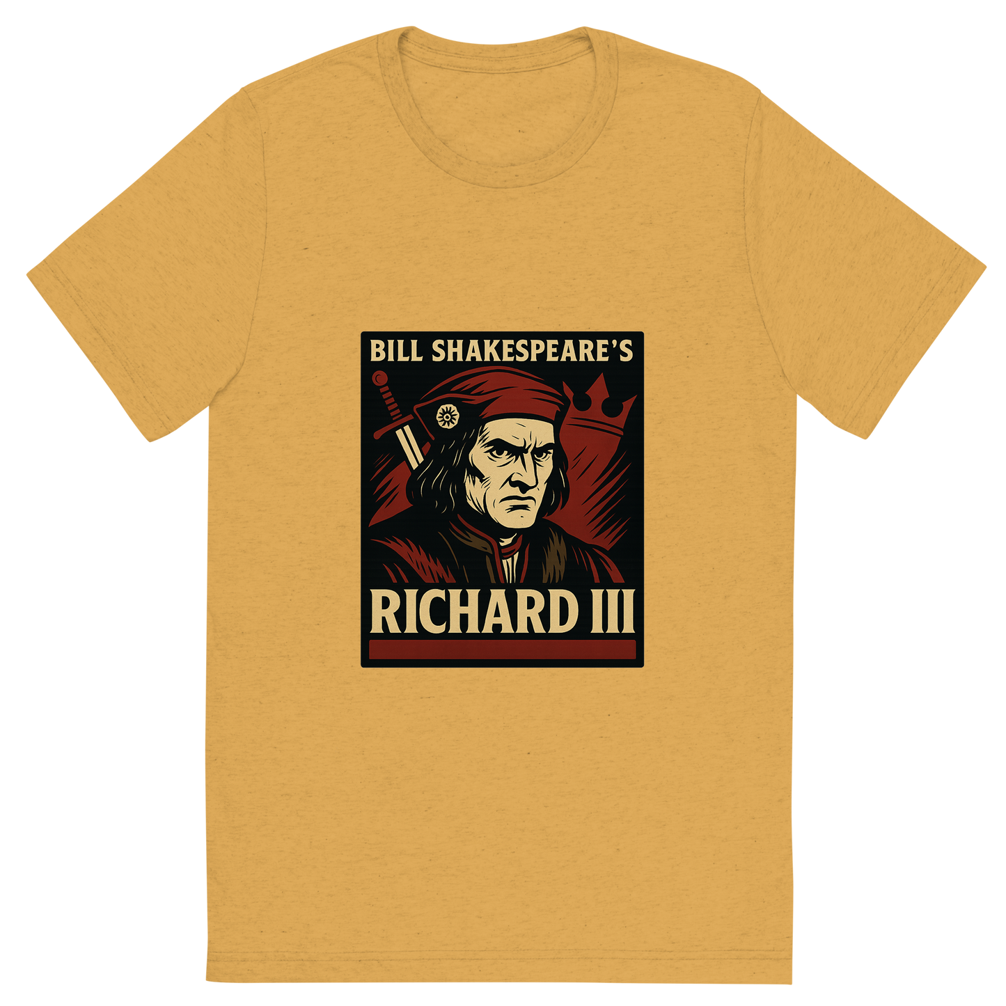 Front view of a Premium Tri-Blend Crew Neck T-Shirt in Mustard showing 'A retro, edgy graphic of a visual representation of a key theme and character from william shakespeare's richard iii'