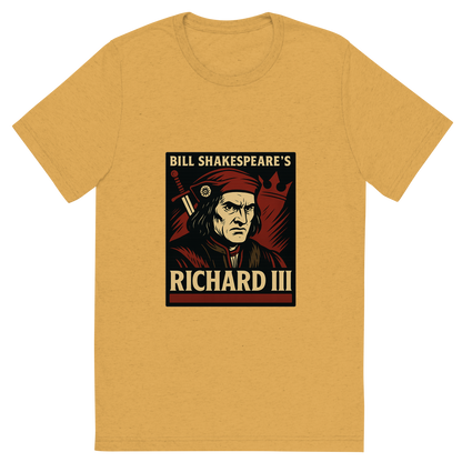 Front view of a Premium Tri-Blend Crew Neck T-Shirt in Mustard showing 'A retro, edgy graphic of a visual representation of a key theme and character from william shakespeare's richard iii'