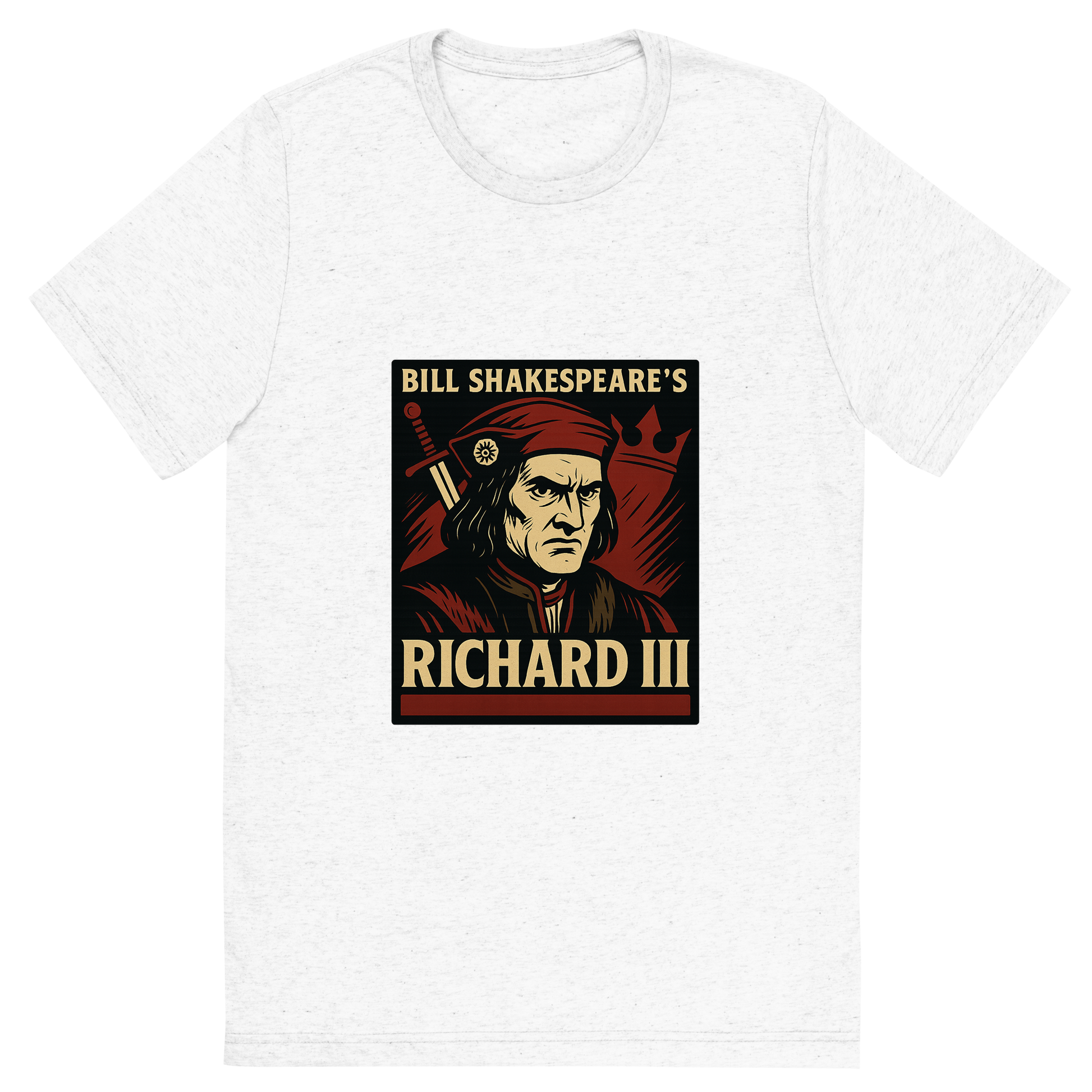 Front view of a Premium Tri-Blend Crew Neck T-Shirt in Solid White showing 'A retro, edgy graphic of a visual representation of a key theme and character from william shakespeare's richard iii'