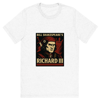 Front view of a Premium Tri-Blend Crew Neck T-Shirt in Solid White showing 'A retro, edgy graphic of a visual representation of a key theme and character from william shakespeare's richard iii'