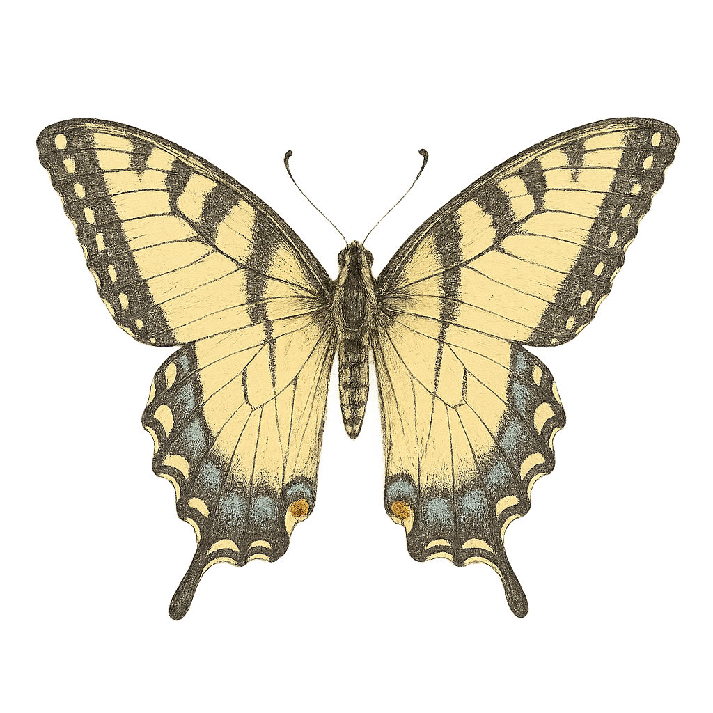 A hand-drawn, tranquil graphic of eastern tiger swallowtail butterfly – a t-shirt design