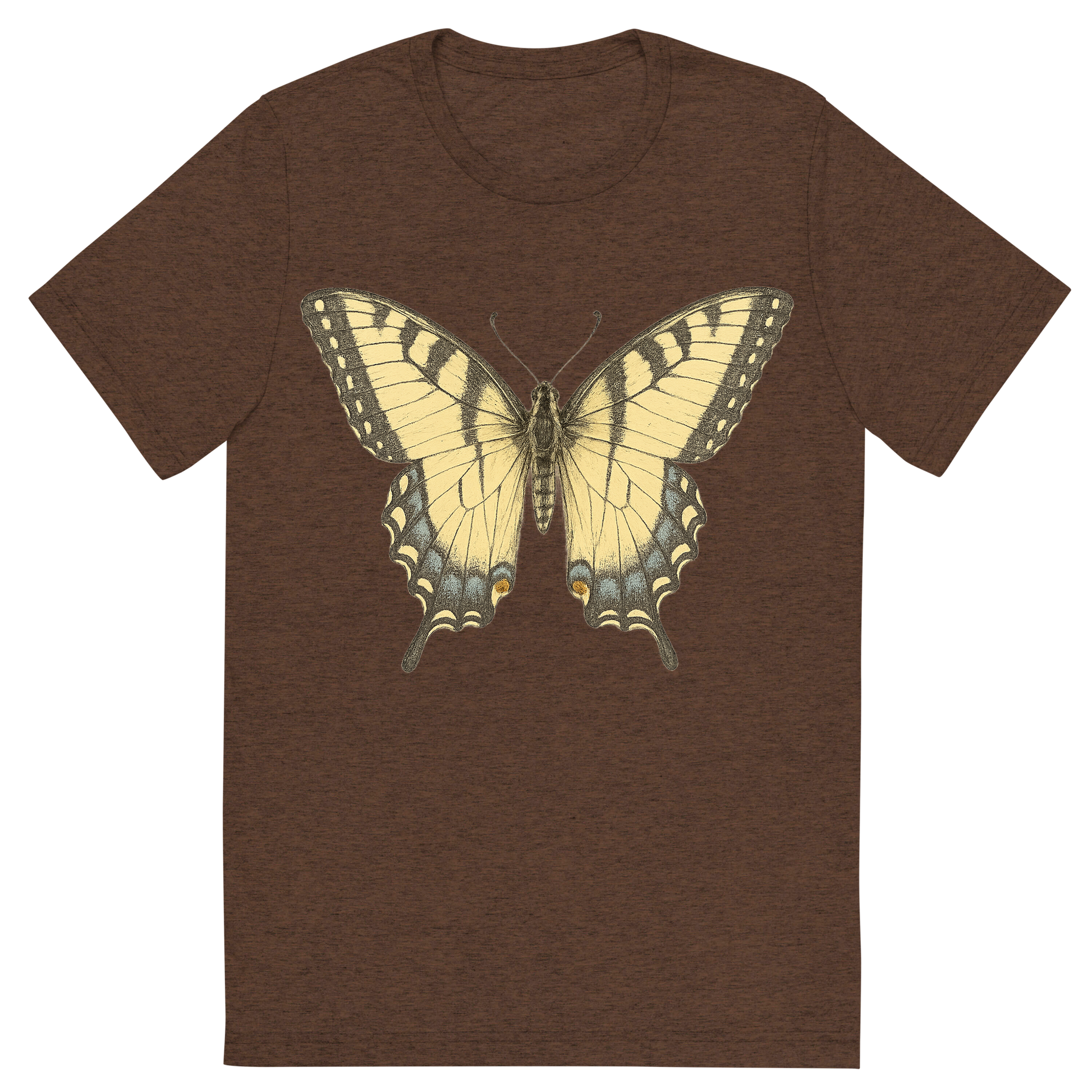 Front view of a Premium Tri-Blend Crew Neck T-Shirt in Brown showing 'A hand-drawn, tranquil graphic of eastern tiger swallowtail butterfly'