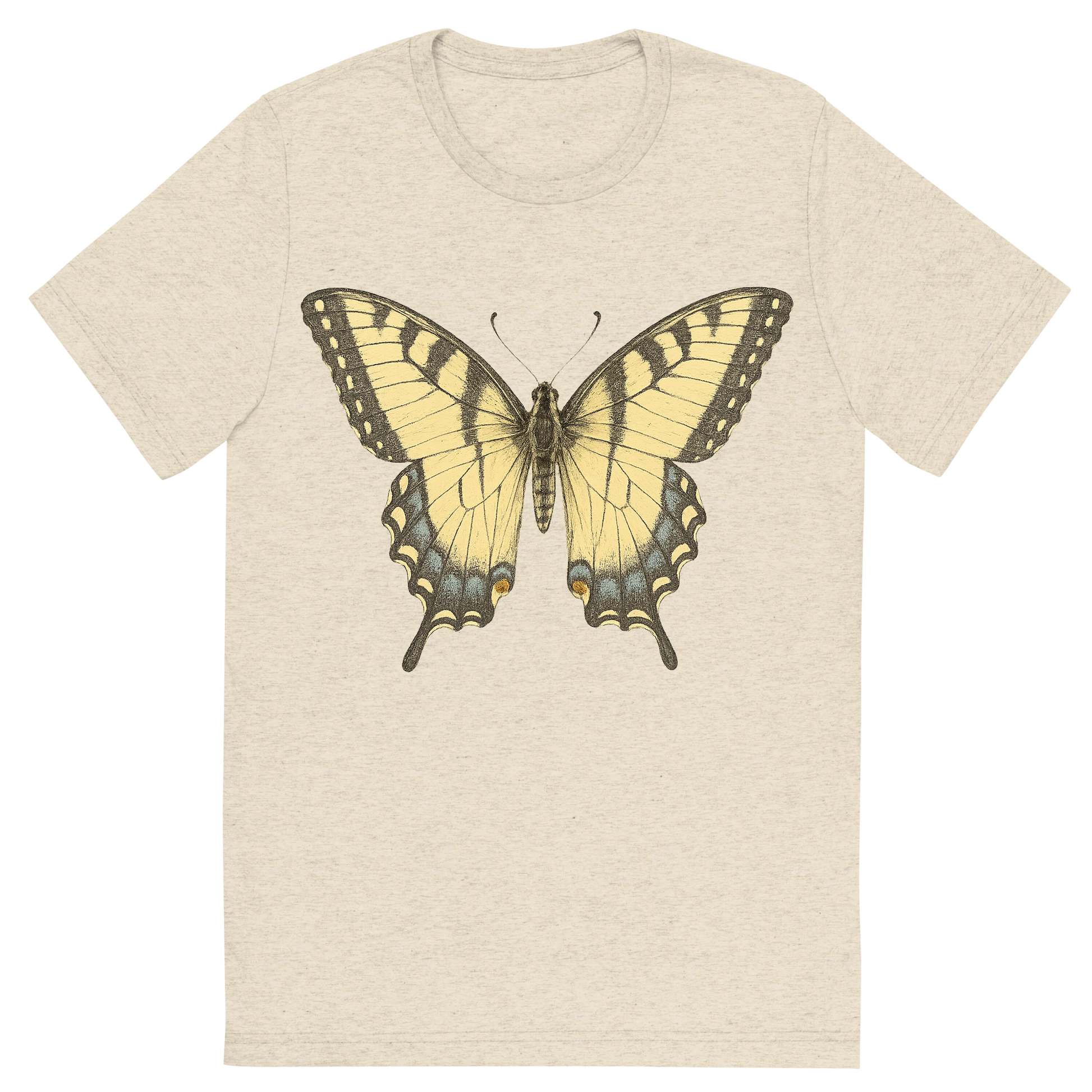Front view of a Premium Tri-Blend Crew Neck T-Shirt in Oatmeal showing 'A hand-drawn, tranquil graphic of eastern tiger swallowtail butterfly'