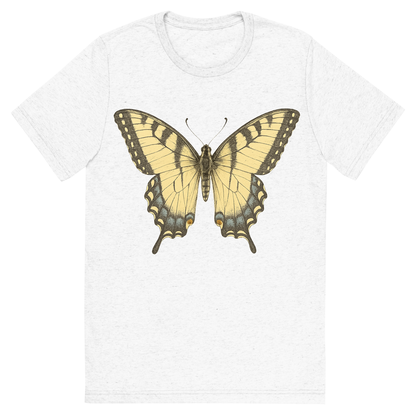 Front view of a Premium Tri-Blend Crew Neck T-Shirt in Solid White showing 'A hand-drawn, tranquil graphic of eastern tiger swallowtail butterfly'