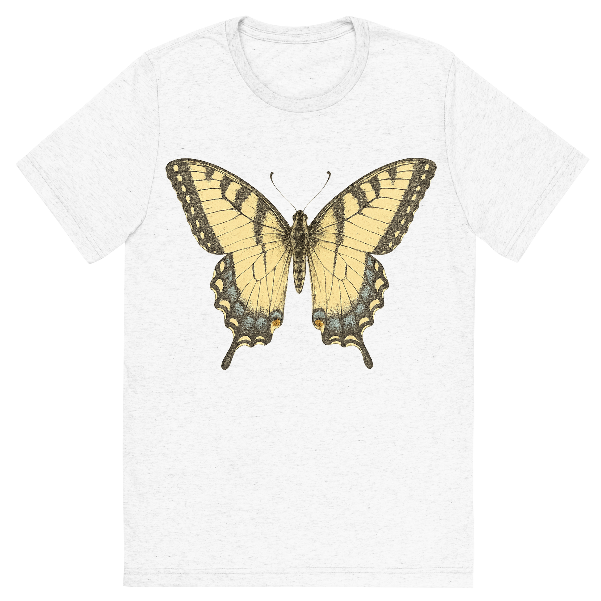 Front view of a Premium Tri-Blend Crew Neck T-Shirt in Solid White showing 'A hand-drawn, tranquil graphic of eastern tiger swallowtail butterfly'