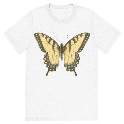 Front view of a Premium Tri-Blend Crew Neck T-Shirt in Solid White showing 'A hand-drawn, tranquil graphic of eastern tiger swallowtail butterfly'