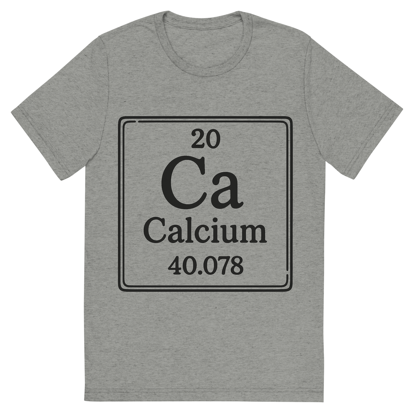 Front view of a Premium Tri-Blend Crew Neck T-Shirt in Athletic Grey showing 'A line art, nostalgic graphic of calcium's entry on the periodic table, use a dark color for the lines and text'