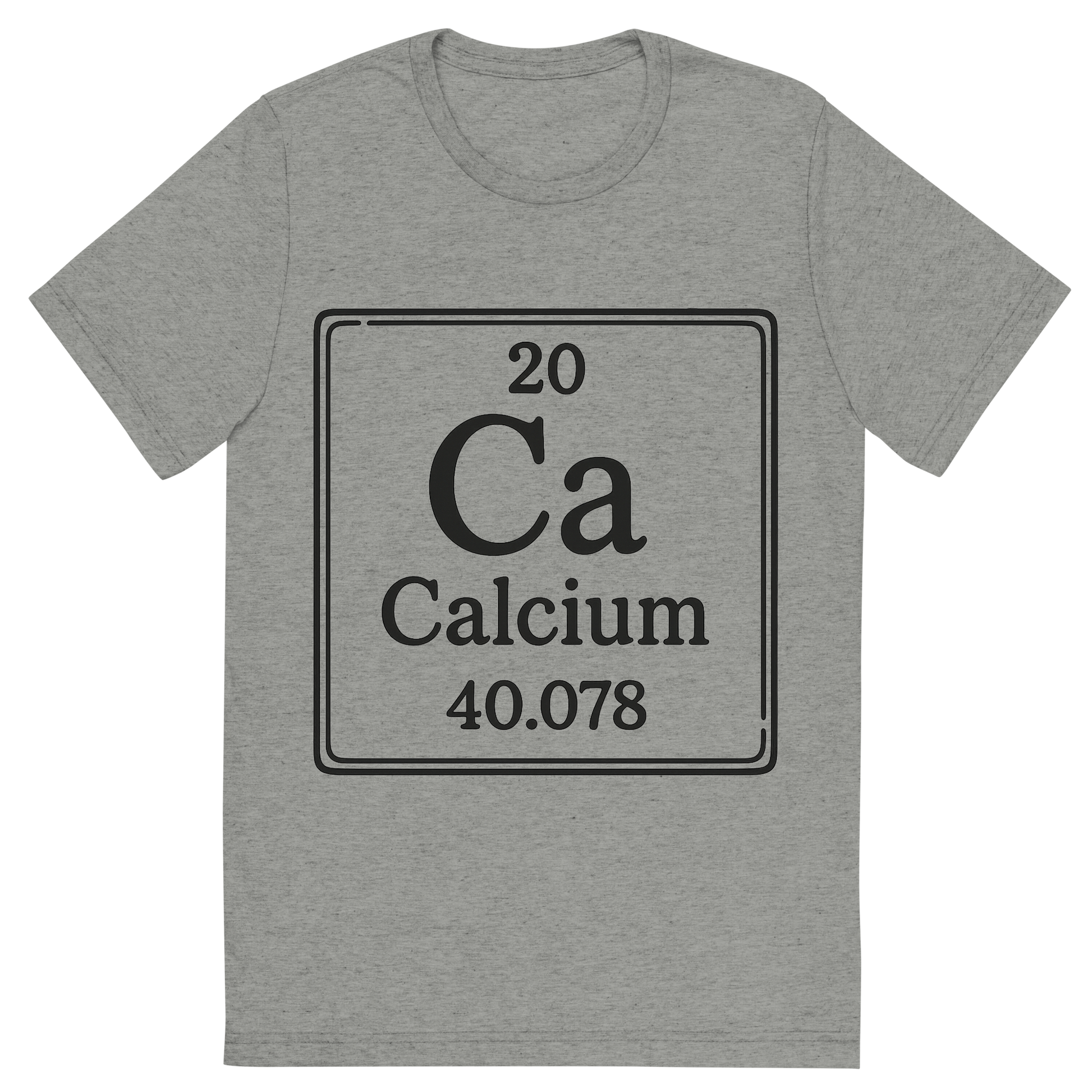 Front view of a Premium Tri-Blend Crew Neck T-Shirt in Athletic Grey showing 'A line art, nostalgic graphic of calcium's entry on the periodic table, use a dark color for the lines and text'