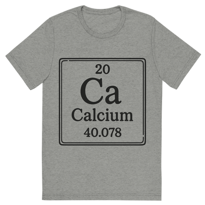 Front view of a Premium Tri-Blend Crew Neck T-Shirt in Athletic Grey showing 'A line art, nostalgic graphic of calcium's entry on the periodic table, use a dark color for the lines and text'