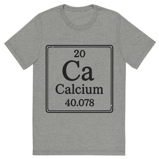 Front view of a Premium Tri-Blend Crew Neck T-Shirt in Athletic Grey showing 'A line art, nostalgic graphic of calcium's entry on the periodic table, use a dark color for the lines and text'