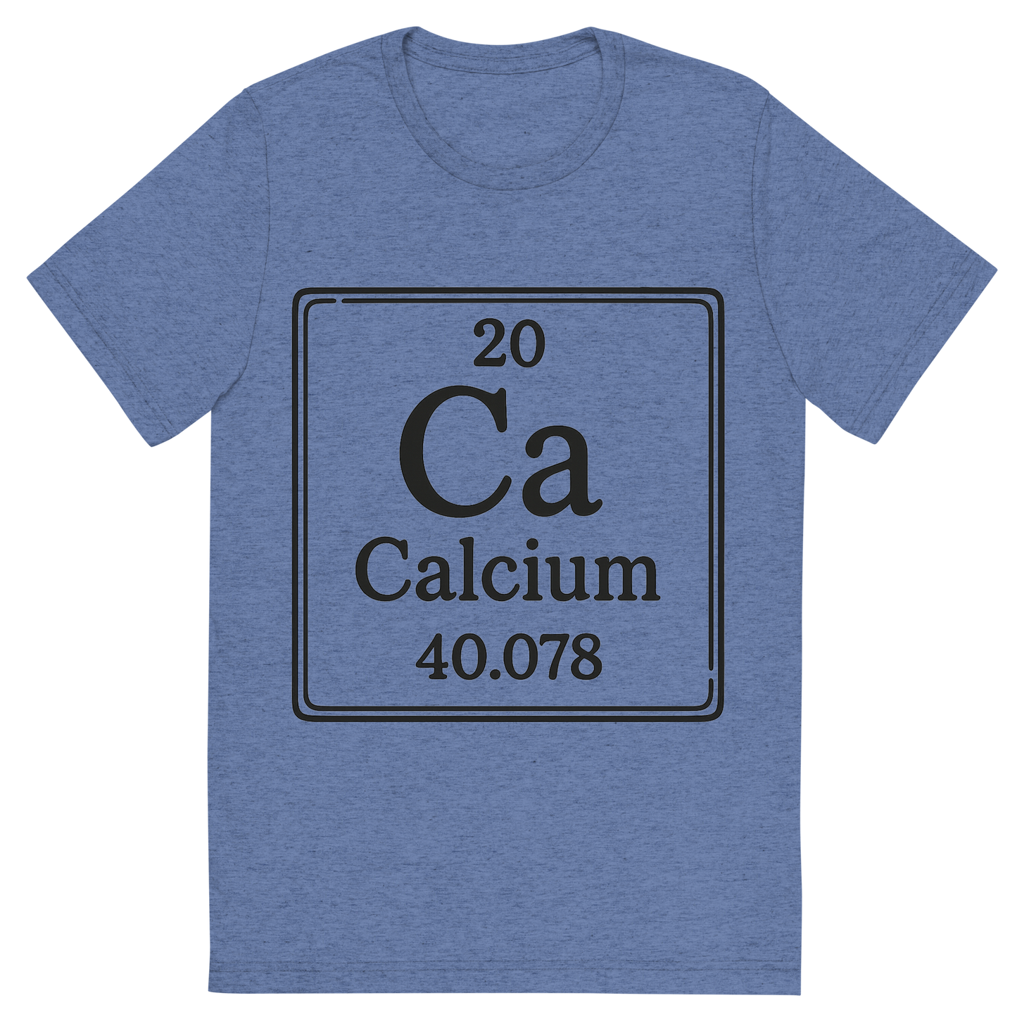 Front view of a Premium Tri-Blend Crew Neck T-Shirt in Blue showing 'A line art, nostalgic graphic of calcium's entry on the periodic table, use a dark color for the lines and text'