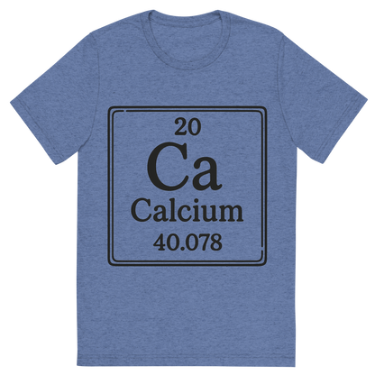 Front view of a Premium Tri-Blend Crew Neck T-Shirt in Blue showing 'A line art, nostalgic graphic of calcium's entry on the periodic table, use a dark color for the lines and text'