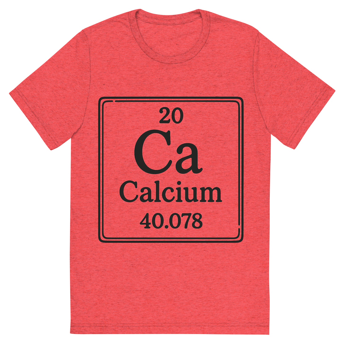 Front view of a Premium Tri-Blend Crew Neck T-Shirt in Red showing 'A line art, nostalgic graphic of calcium's entry on the periodic table, use a dark color for the lines and text'
