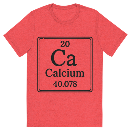 Front view of a Premium Tri-Blend Crew Neck T-Shirt in Red showing 'A line art, nostalgic graphic of calcium's entry on the periodic table, use a dark color for the lines and text'