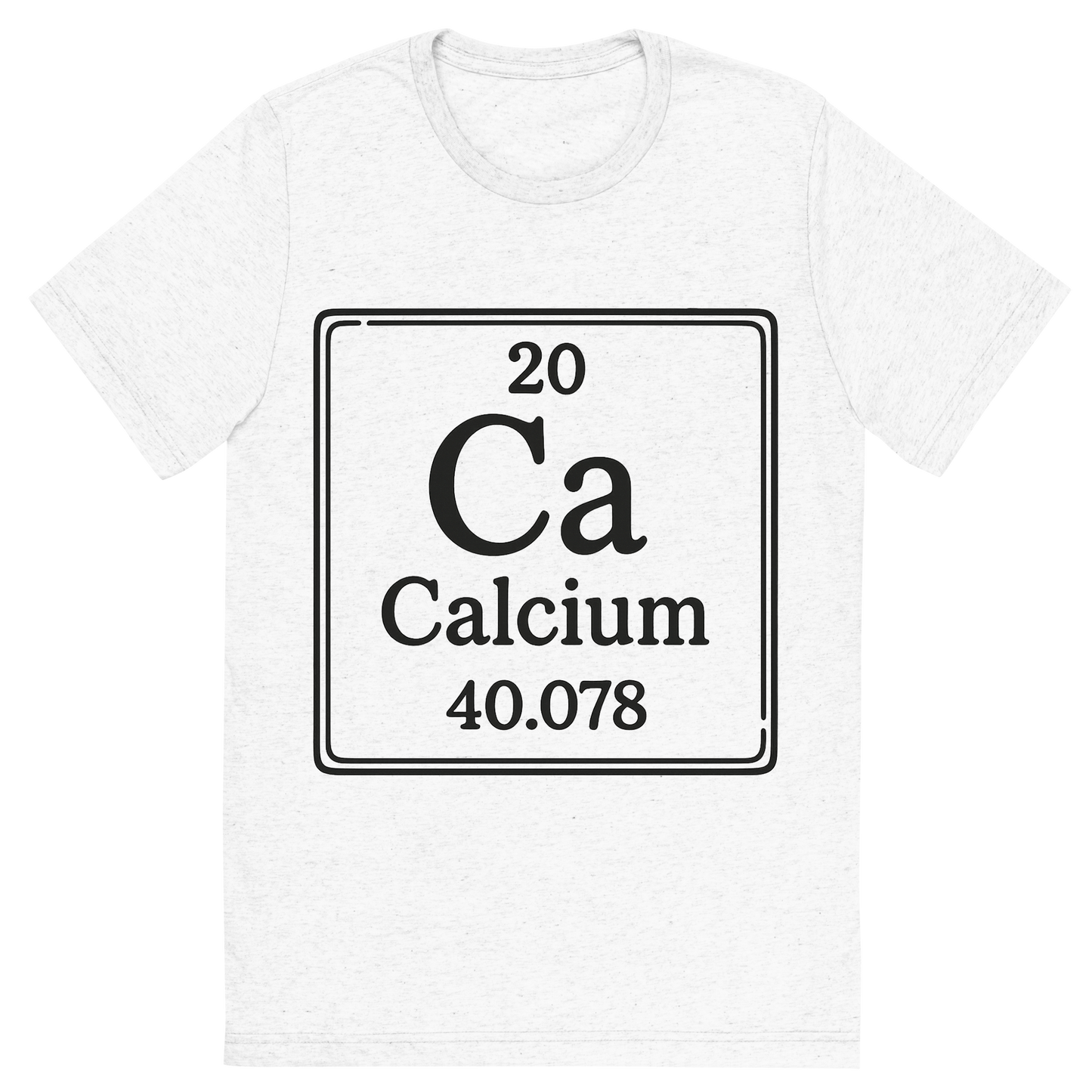 Front view of a Premium Tri-Blend Crew Neck T-Shirt in Solid White showing 'A line art, nostalgic graphic of calcium's entry on the periodic table, use a dark color for the lines and text'
