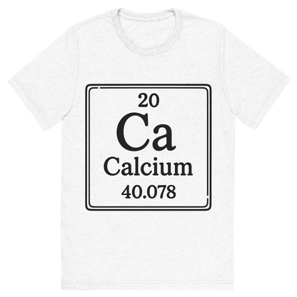 Front view of a Premium Tri-Blend Crew Neck T-Shirt in Solid White showing 'A line art, nostalgic graphic of calcium's entry on the periodic table, use a dark color for the lines and text'