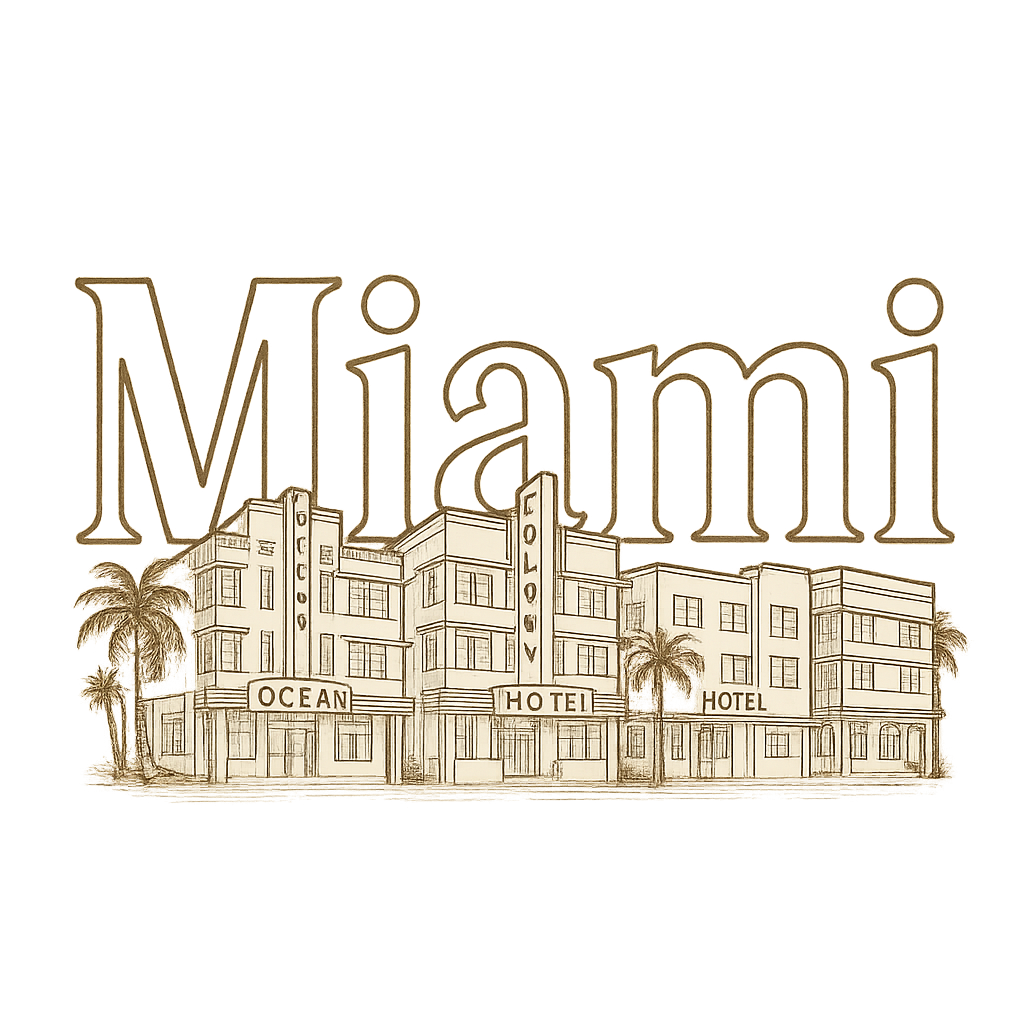 A typographic, nostalgic graphic of a typographic illustration of the words 'miami' with a vintage line art drawing of the art deco historic district – a t-shirt design