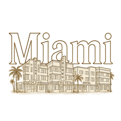 A typographic, nostalgic graphic of a typographic illustration of the words 'miami' with a vintage line art drawing of the art deco historic district – a t-shirt design