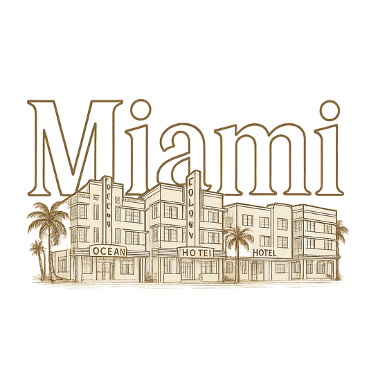 A typographic, nostalgic graphic of a typographic illustration of the words 'miami' with a vintage line art drawing of the art deco historic district – a t-shirt design
