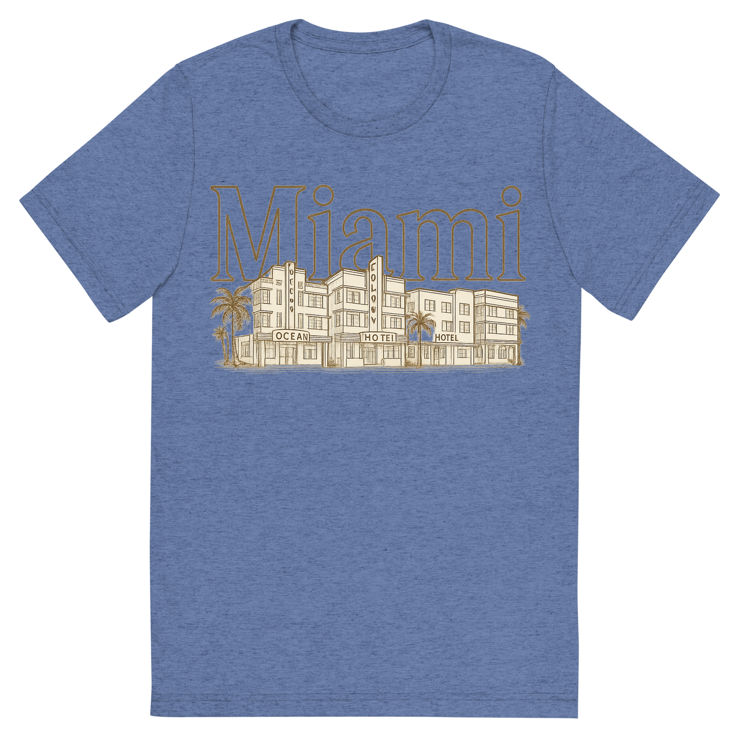 Front view of a Premium Tri-Blend Crew Neck T-Shirt in Blue showing 'A typographic, nostalgic graphic of a typographic illustration of the words 'miami' with a vintage line art drawing of the art deco historic district'