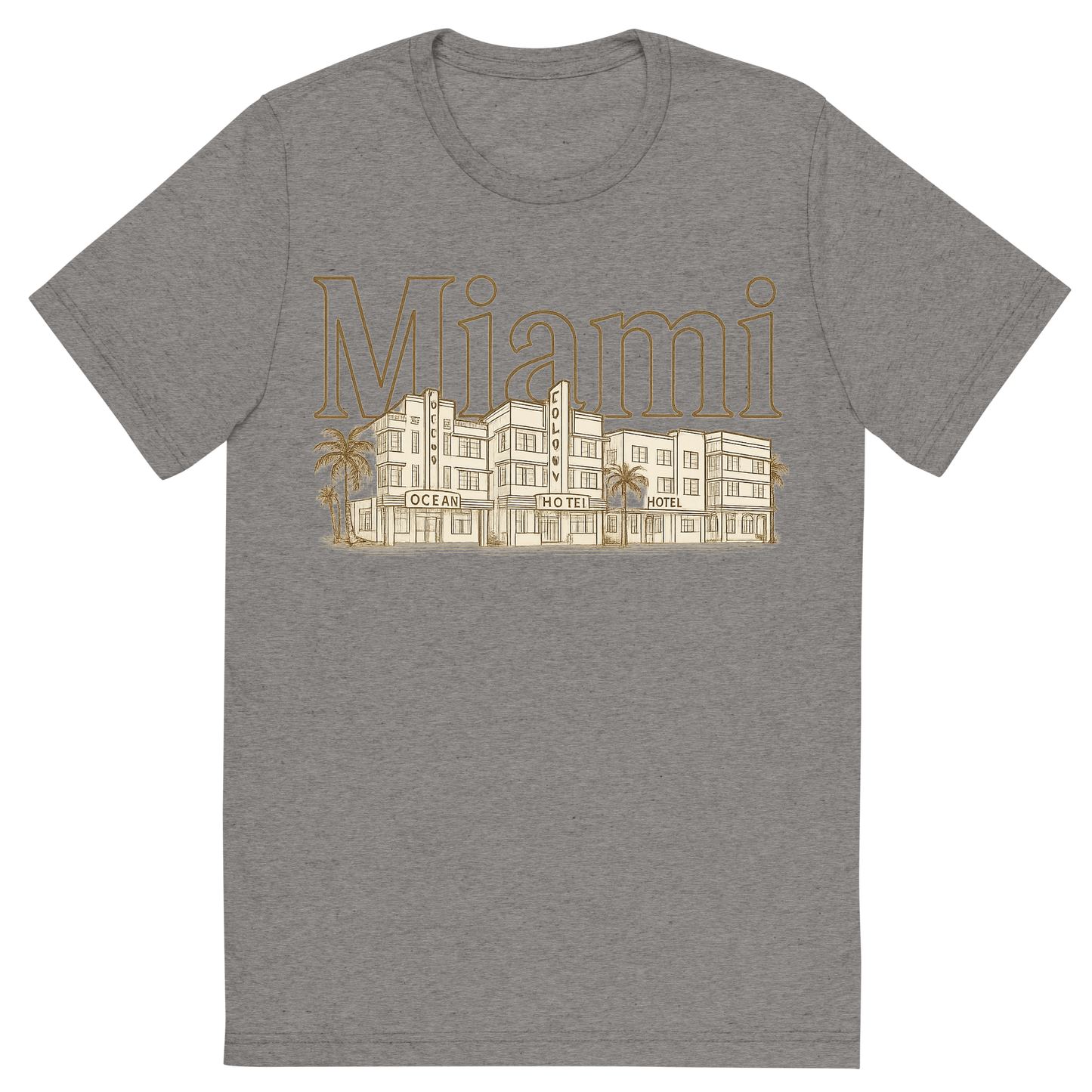 Front view of a Premium Tri-Blend Crew Neck T-Shirt in Grey showing 'A typographic, nostalgic graphic of a typographic illustration of the words 'miami' with a vintage line art drawing of the art deco historic district'